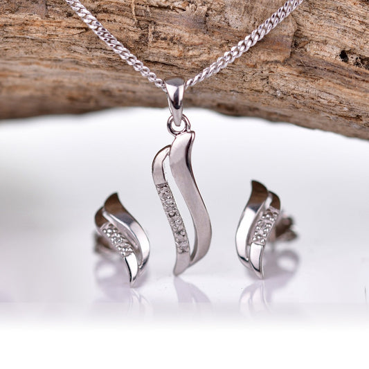 Diamond Necklace Earring Set Silver Wave 18'' April Birthstone