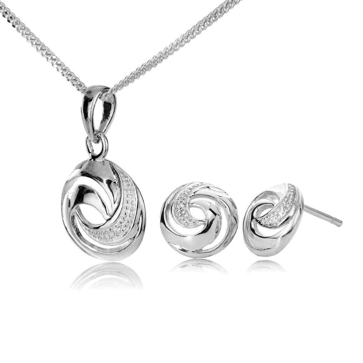 diamond necklace earring set swirl silver 18'' chain april birthstone designed in the UK