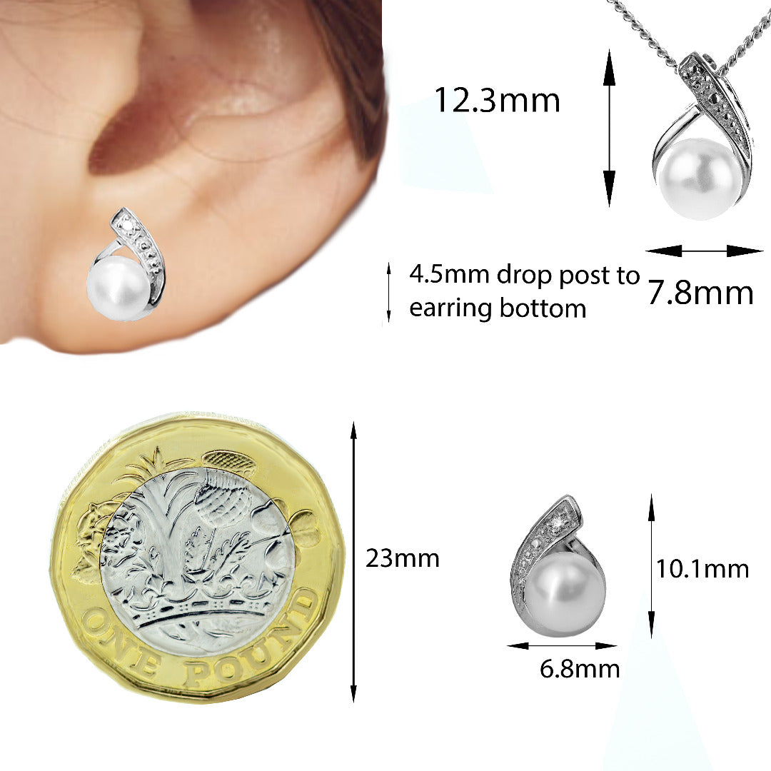 Pearl Necklace Diamond Earring Set 18'' Chain April Birthstone