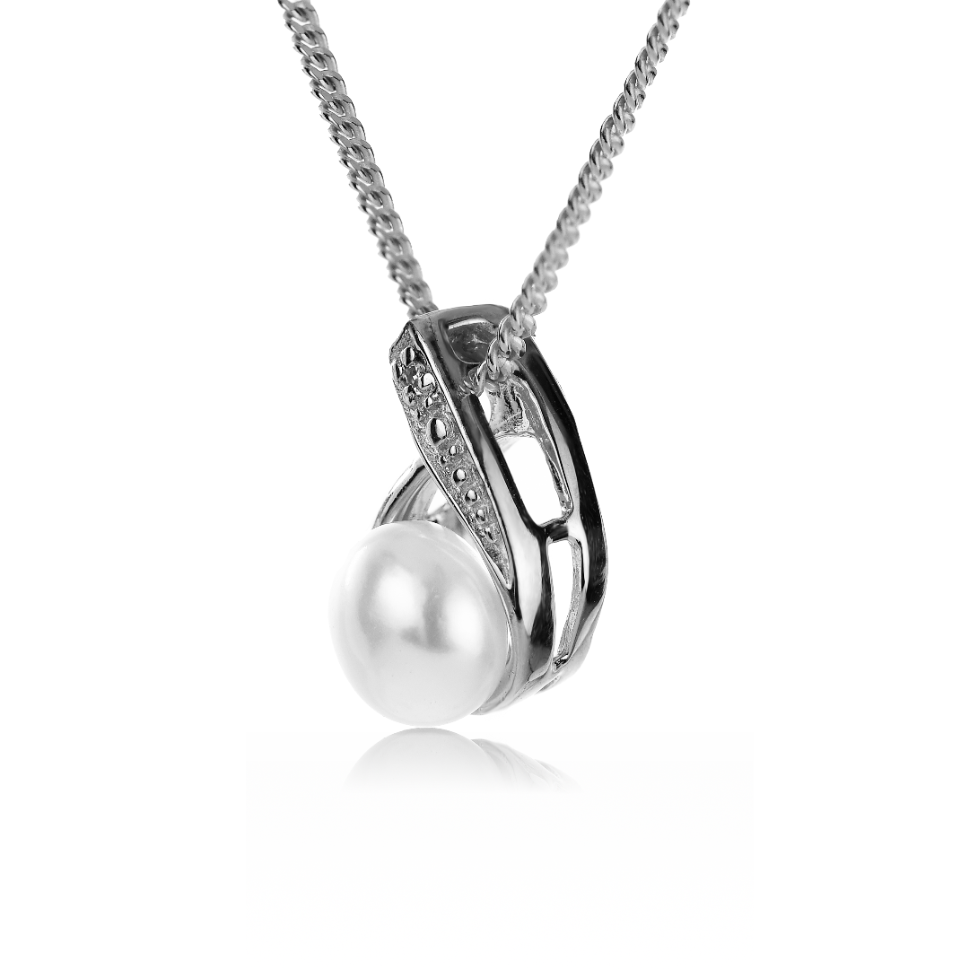Pearl Necklace Diamond Earring Set 18'' Chain April Birthstone