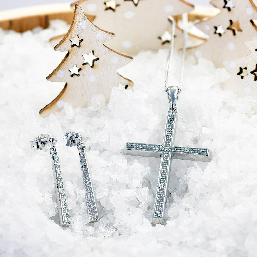 diamond cross necklace dangle earring set april birthstone designed in the UK