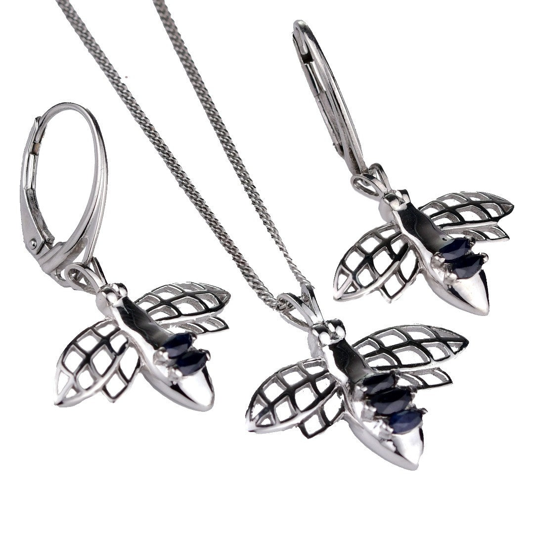sapphire bee set, necklace, dangle earrings 0.97ct inky blue natural gemstones sterling silver designed in the UK
