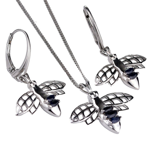 Sapphire Bee Set, Necklace, Dangle Earrings 0.97ct Inky Blue Natural Gemstones Sterling Silver