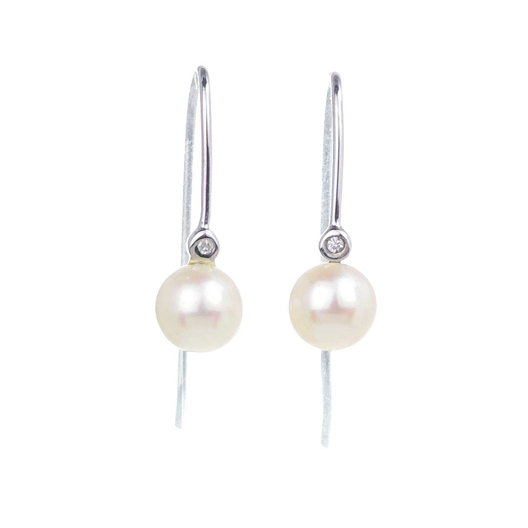 9ct White Gold Earrings Diamond Dangle Pearl White Hook