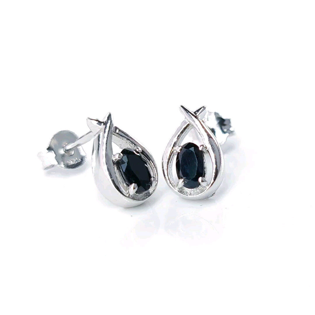 Sapphire Earrings 0.7ct Pear Blue Twist Studs Sterling Silver September Birthstone