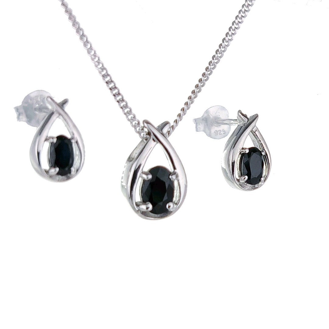 sapphire necklace earring set 1.3ct pear blue twist sterling silver september birthstone designed in the UK