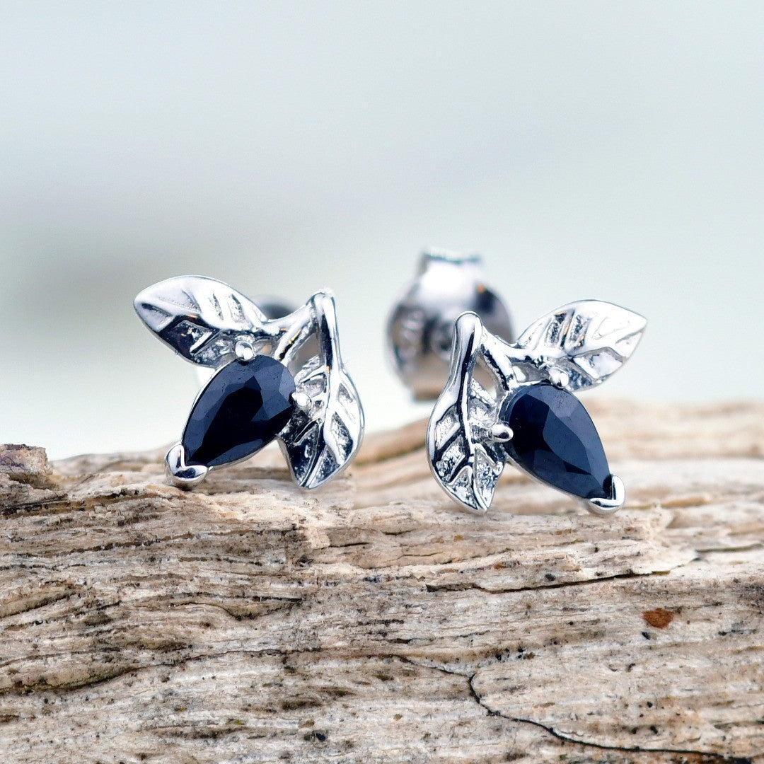 Sapphire Earrings 0.7ct Pear Blue Leaf Studs Sterling Silver