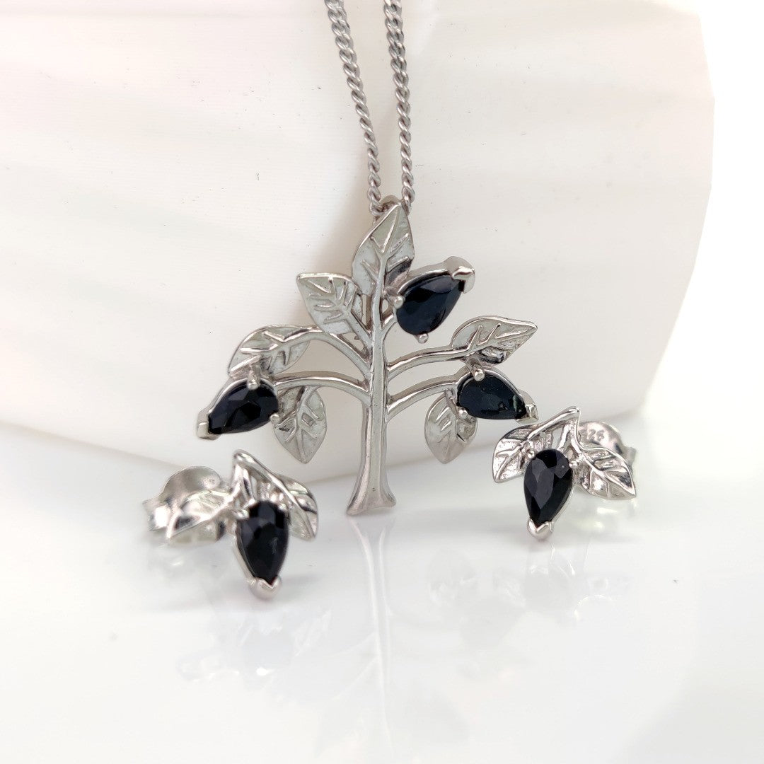 Sapphire Necklace Earring Set 1.75ct Blue Tree of Life Leaves Silver December Birthstone