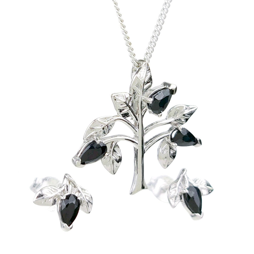 Sapphire Necklace Earring Set 1.75ct Blue Tree of Life Leaves Silver December Birthstone