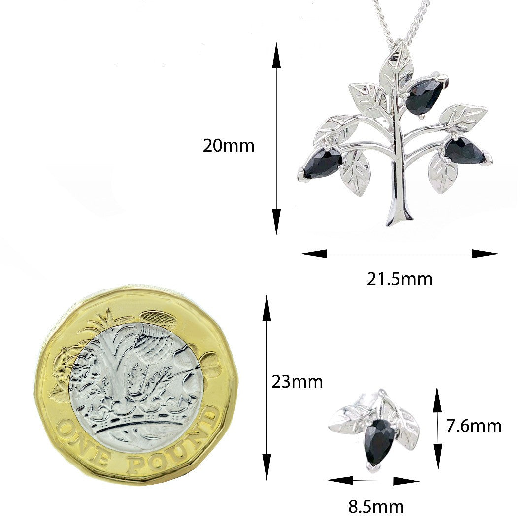 Sapphire Necklace Earring Set 1.75ct Blue Tree of Life Leaves Silver December Birthstone