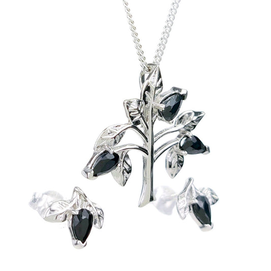 Sapphire Necklace Earring Set 1.75ct Blue Tree of Life Leaves Silver December Birthstone