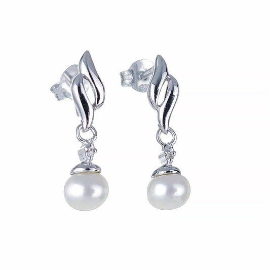 Pearl Diamond Earrings Dangle Stud Sterling Silver