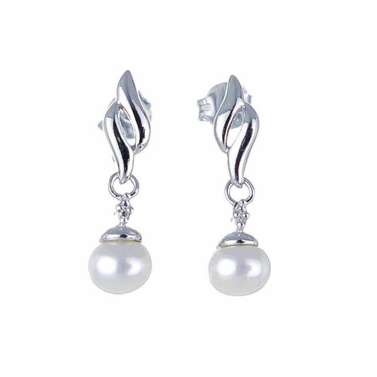 Silver pearl earrings with tiny diamond accent, freshwater pearls dangle style on white background