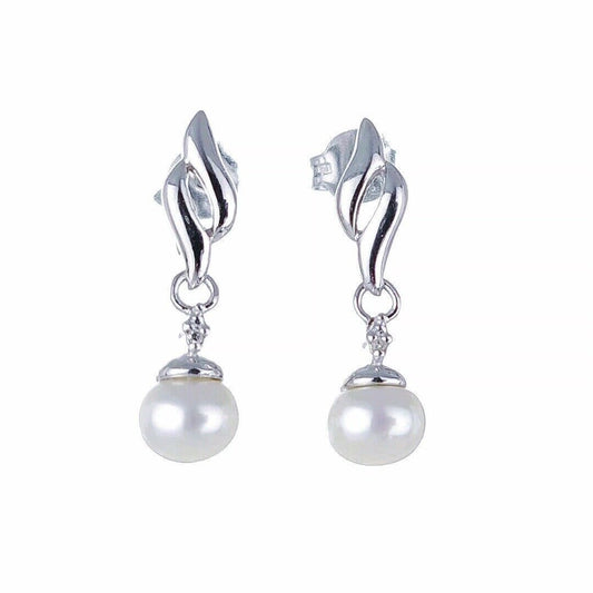 Pearl Diamond Earrings Dangle Stud Sterling Silver