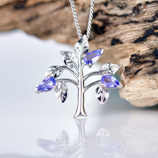 Tanzanite Necklace 0.6ct Pear Blue Tree of Life Pendant Silver December Birthstone