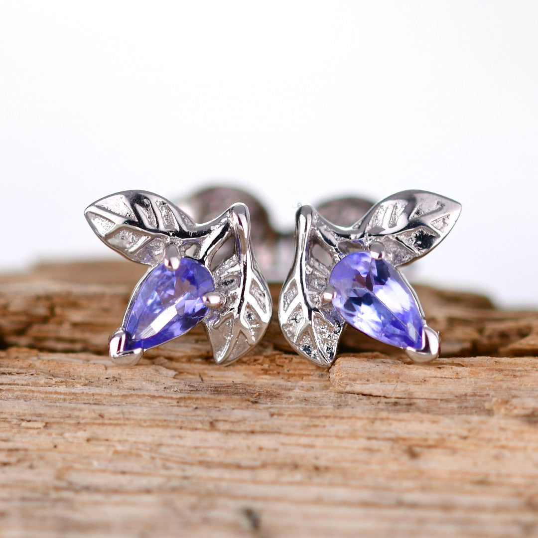 Tanzanite Earrings 0.4ct Pear Blue Leaf Studs Sterling Silver