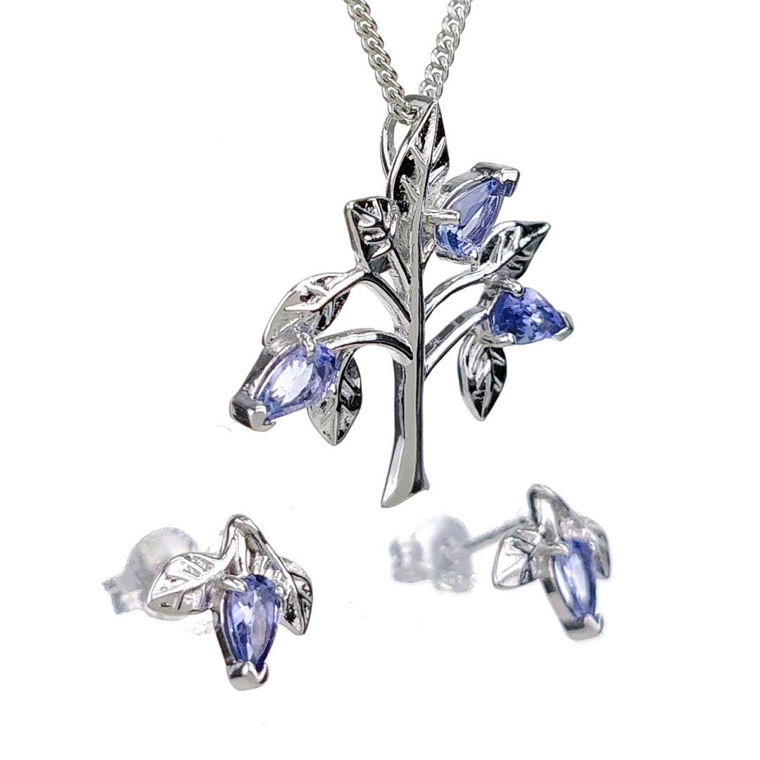 Tanzanite Necklace Earring Set 1ct Pear Blue Tree of Life Leaves Sterling Silver