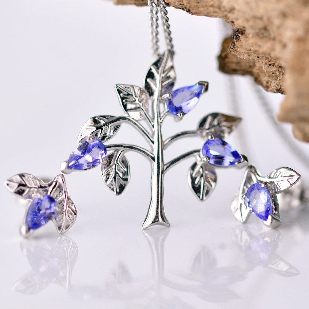 Tanzanite Necklace Earring Set 1ct Pear Blue Tree of Life Leaves Sterling Silver
