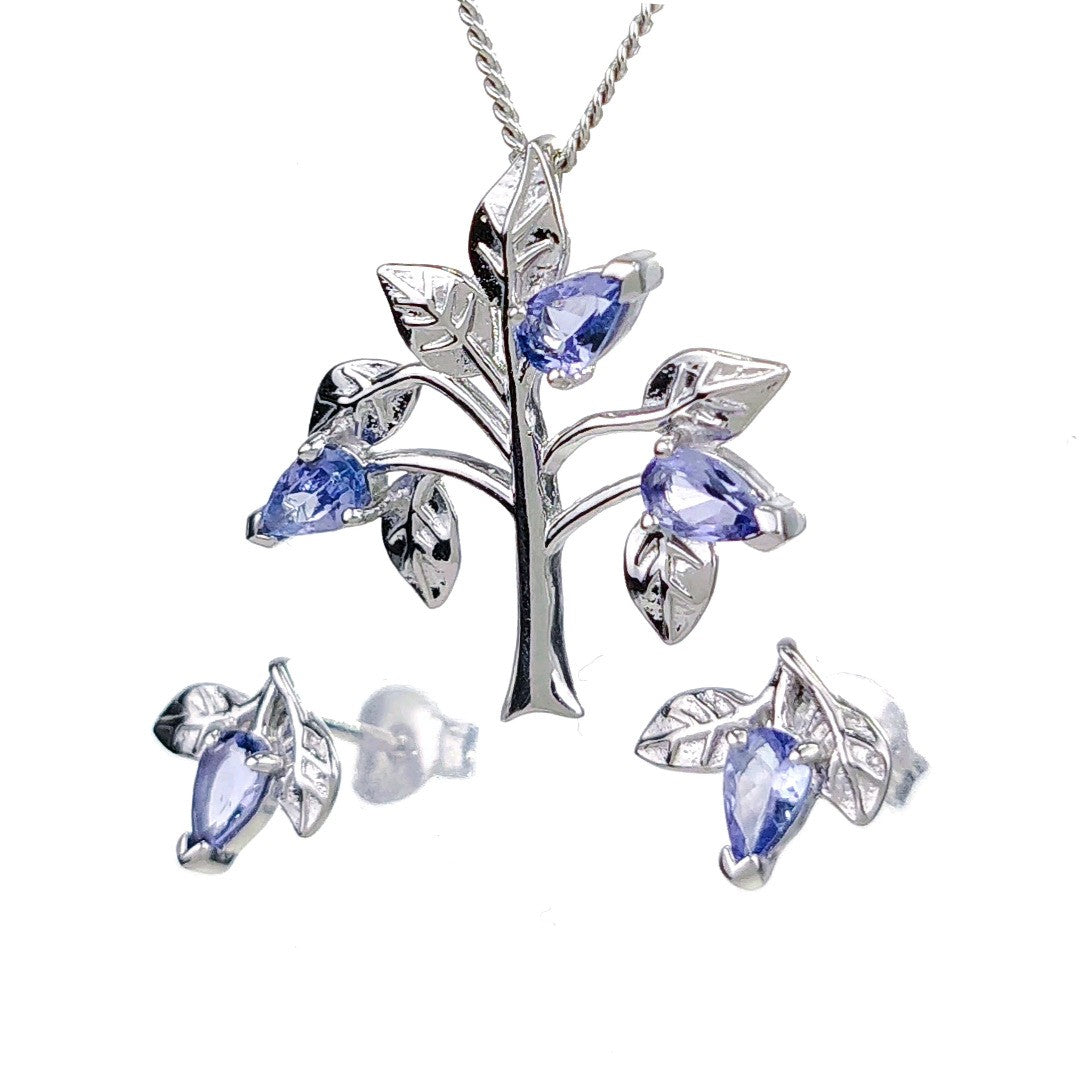 Tanzanite Necklace Earring Set 1ct Pear Blue Tree of Life Leaves Sterling Silver