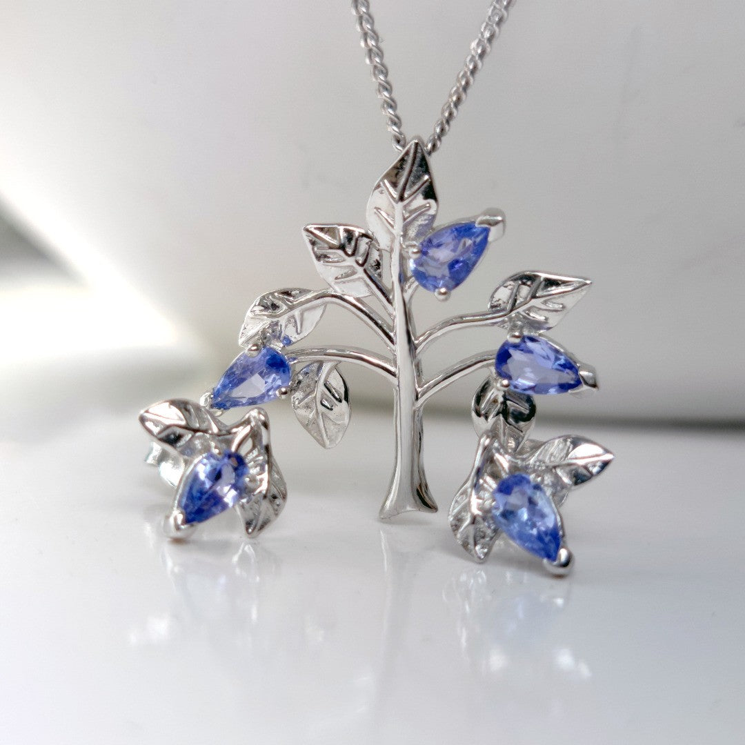 Tanzanite Necklace Earring Set 1ct Pear Blue Tree of Life Leaves Sterling Silver