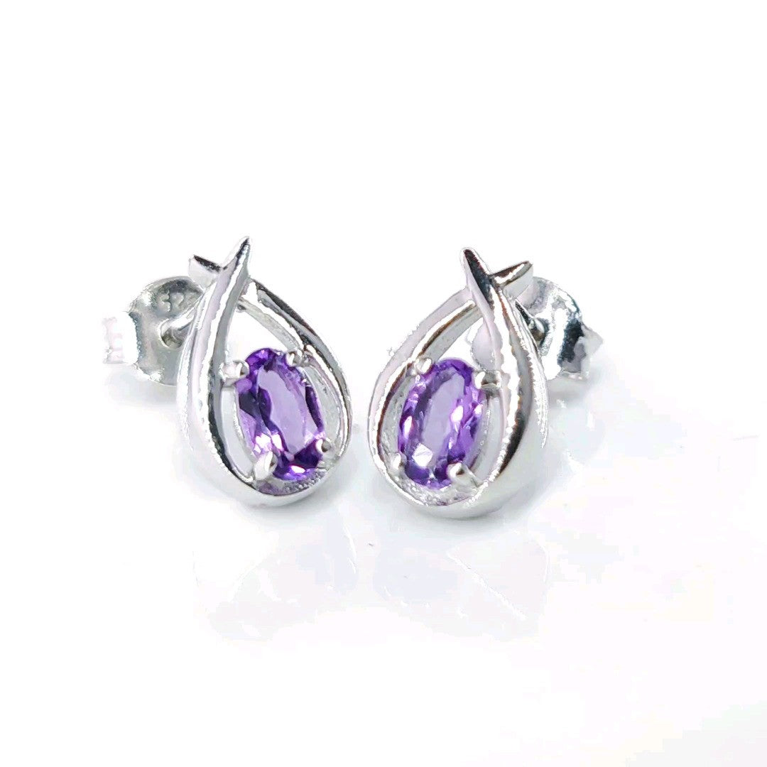 Amethyst Earrings 0.4ct Pear Purple Twist Studs Sterling Silver February Birthstone