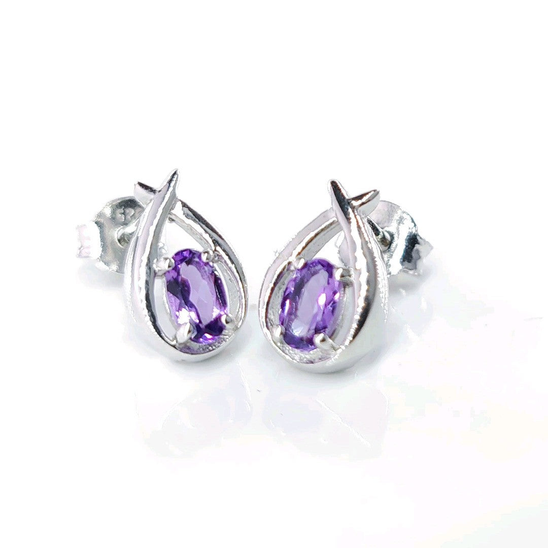 Amethyst Earrings 0.4ct Pear Purple Twist Studs Sterling Silver February Birthstone