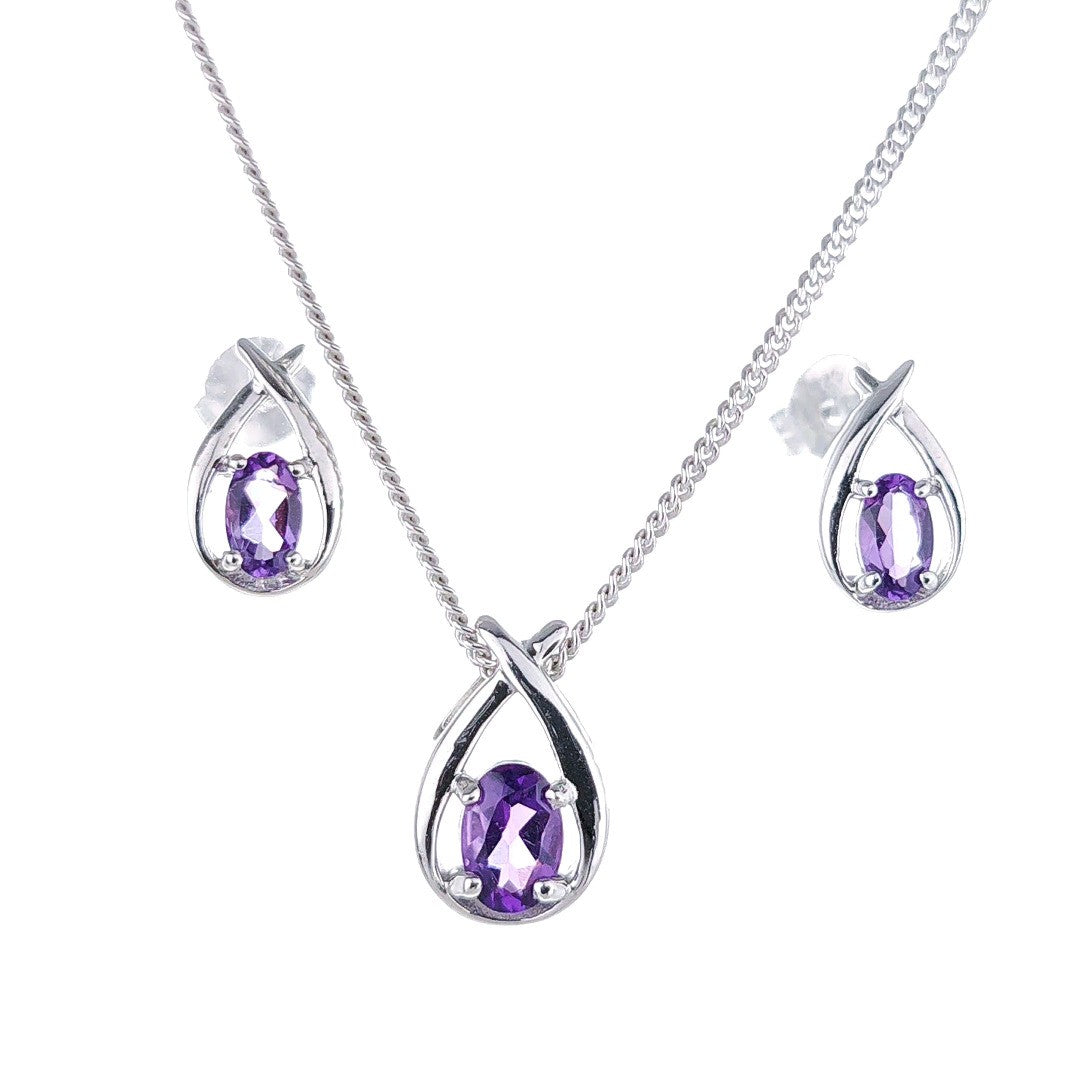 amethyst necklace earring set 0.75ct pear purple twist silver february birthstone designed in the UK