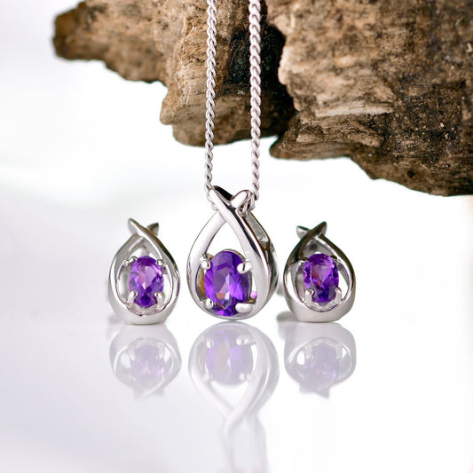 Amethyst Necklace Earring Set 0.75ct Pear Purple Twist Silver February Birthstone