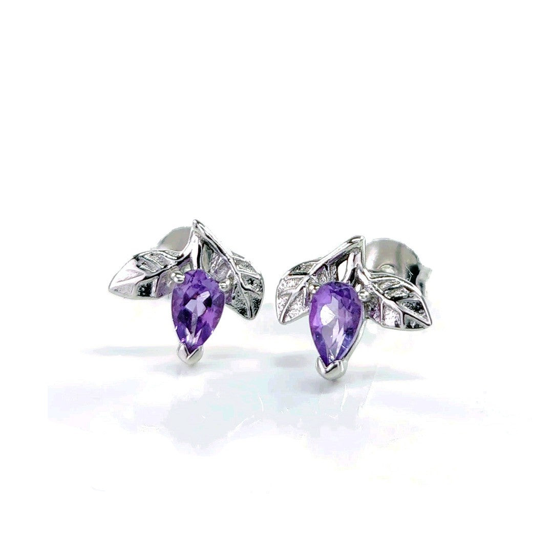 amethyst leaf stud earrings 0.4ct sterling silver designed in the UK