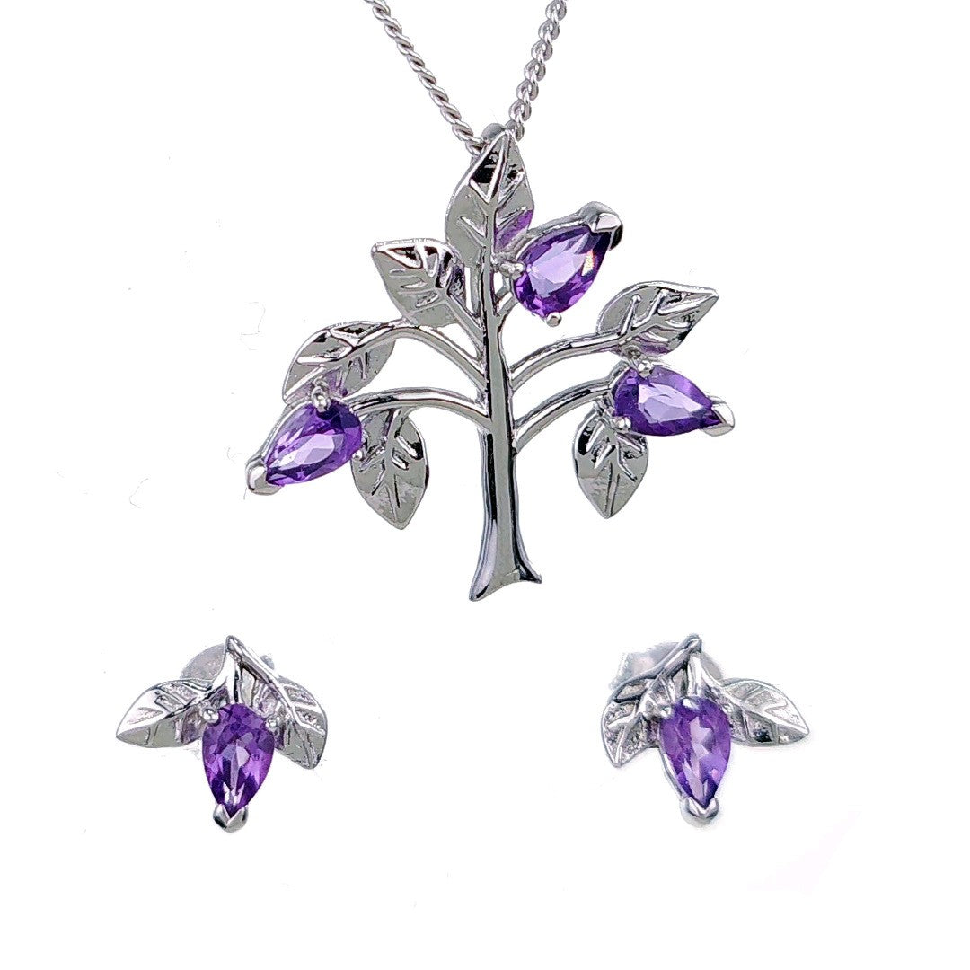 Amethyst Purple Tree of Life Leaves Necklace Earring Set