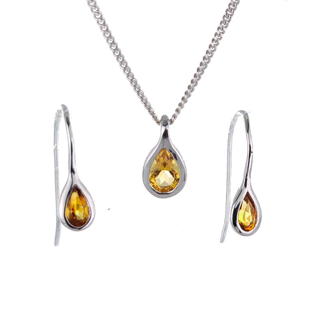Citrine Necklace Earring Set 0.75ct Pear Yellow Pendant Sterling Silver