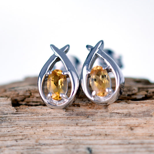 Citrine Earrings 0.46ct Pear Yellow Twist Studs Silver November Birthstone