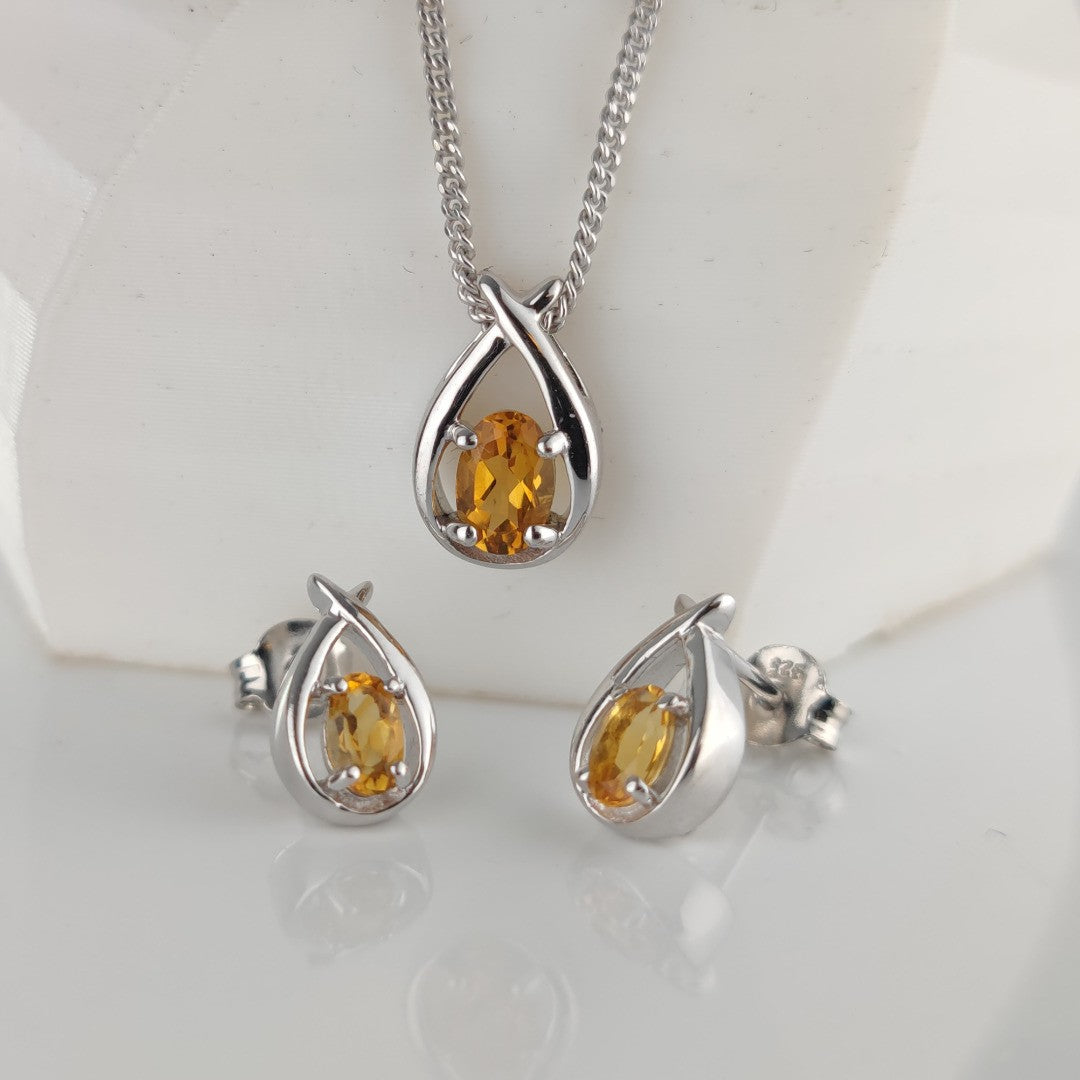 Citrine Necklace Earring Set 0.91ct Pear Yellow Twist Silver November Birthstone