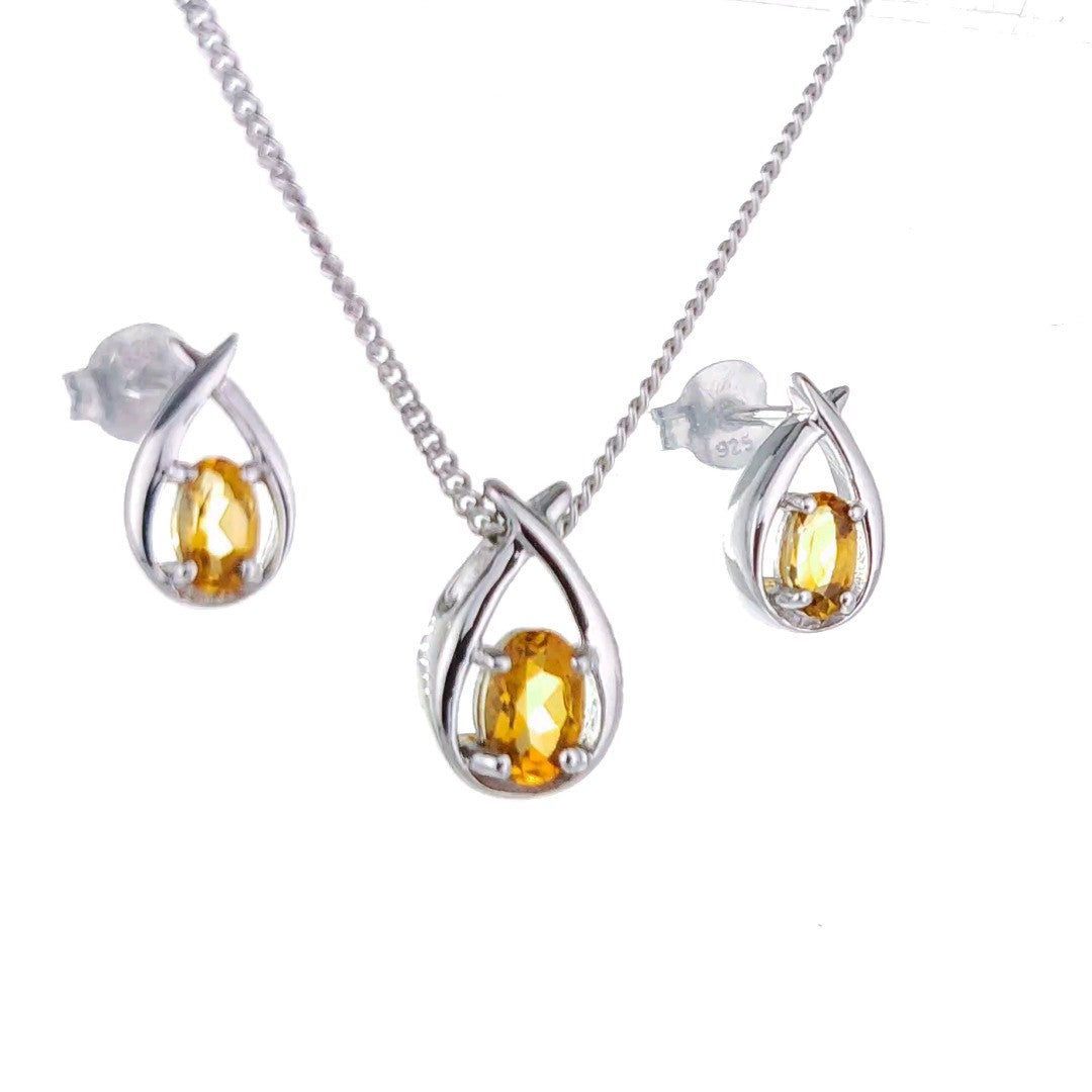 Citrine Necklace Earring Set 0.91ct Pear Yellow Twist Silver November Birthstone