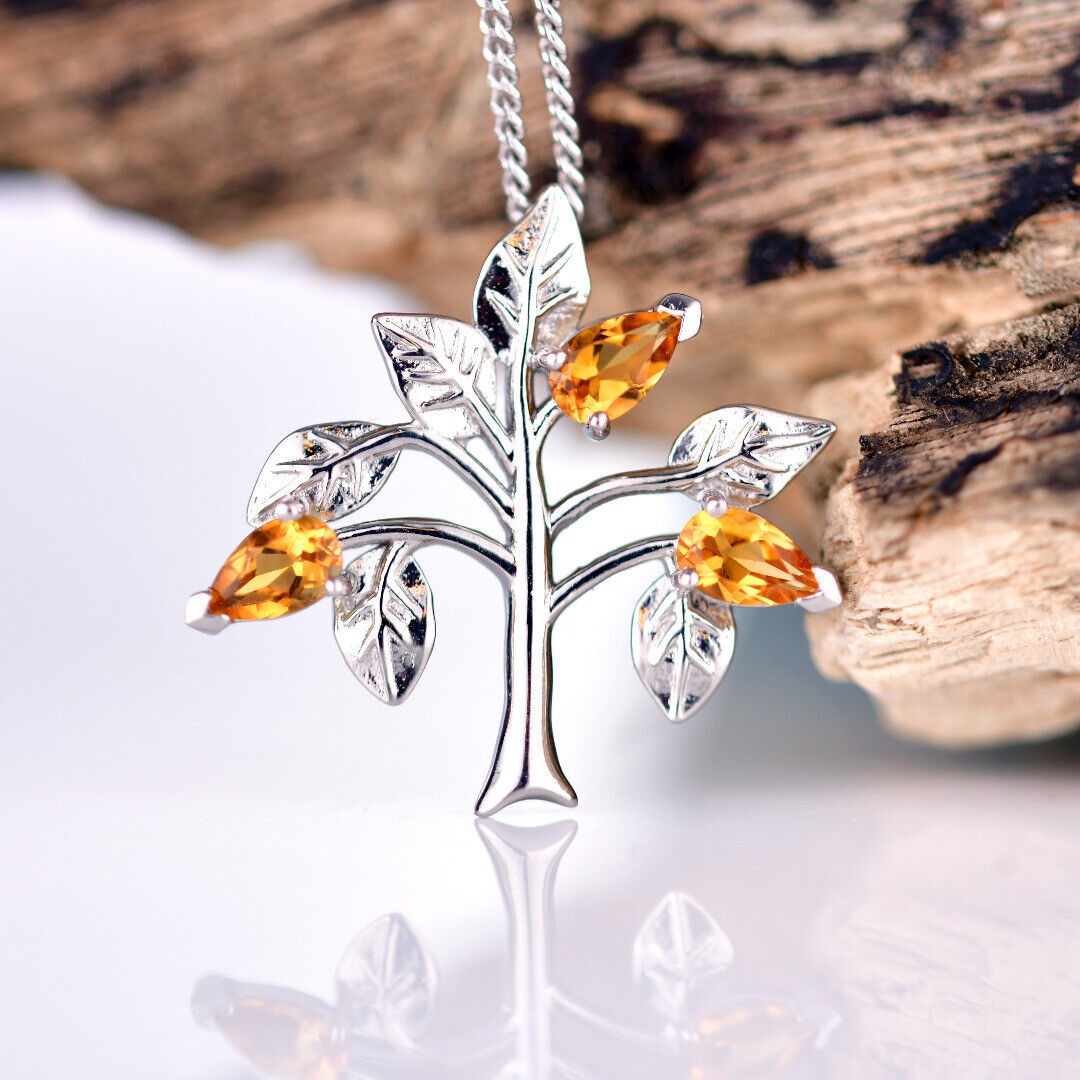 Citrine Necklace 0.6ct Yellow Tree of Life Pendant Silver November Birthstone