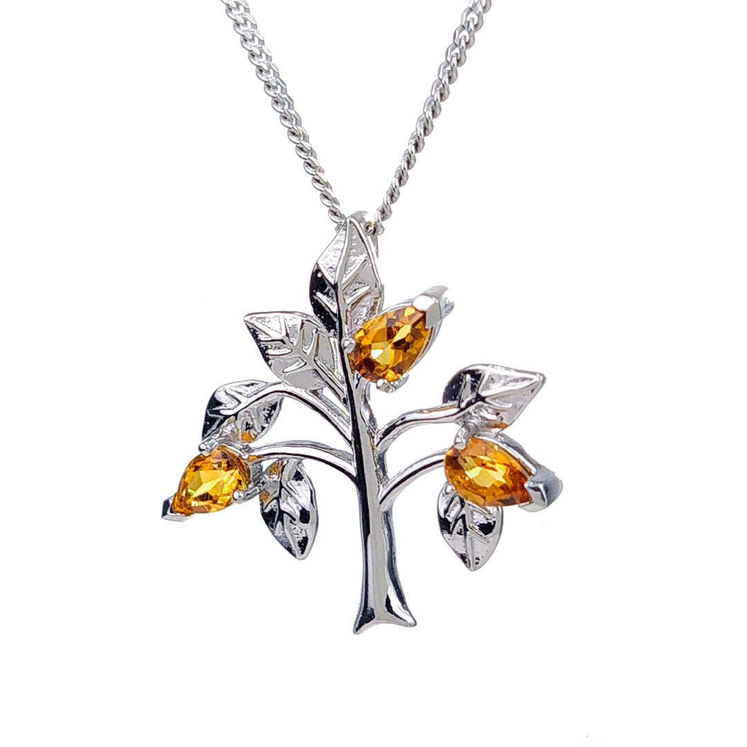 Citrine Necklace 0.6ct Yellow Tree of Life Pendant Silver November Birthstone