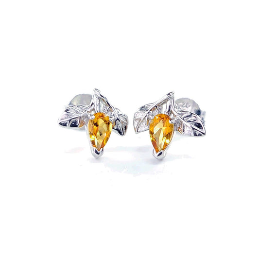 Citrine Earrings 0.4ct Yellow Leaf Detail Studs Silver November Birthstone