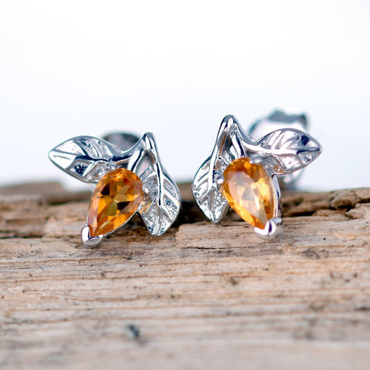 Citrine Earrings 0.4ct Yellow Leaf Detail Studs Silver November Birthstone