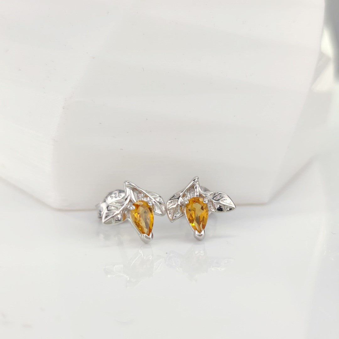 Citrine Earrings 0.4ct Yellow Leaf Detail Studs Silver November Birthstone