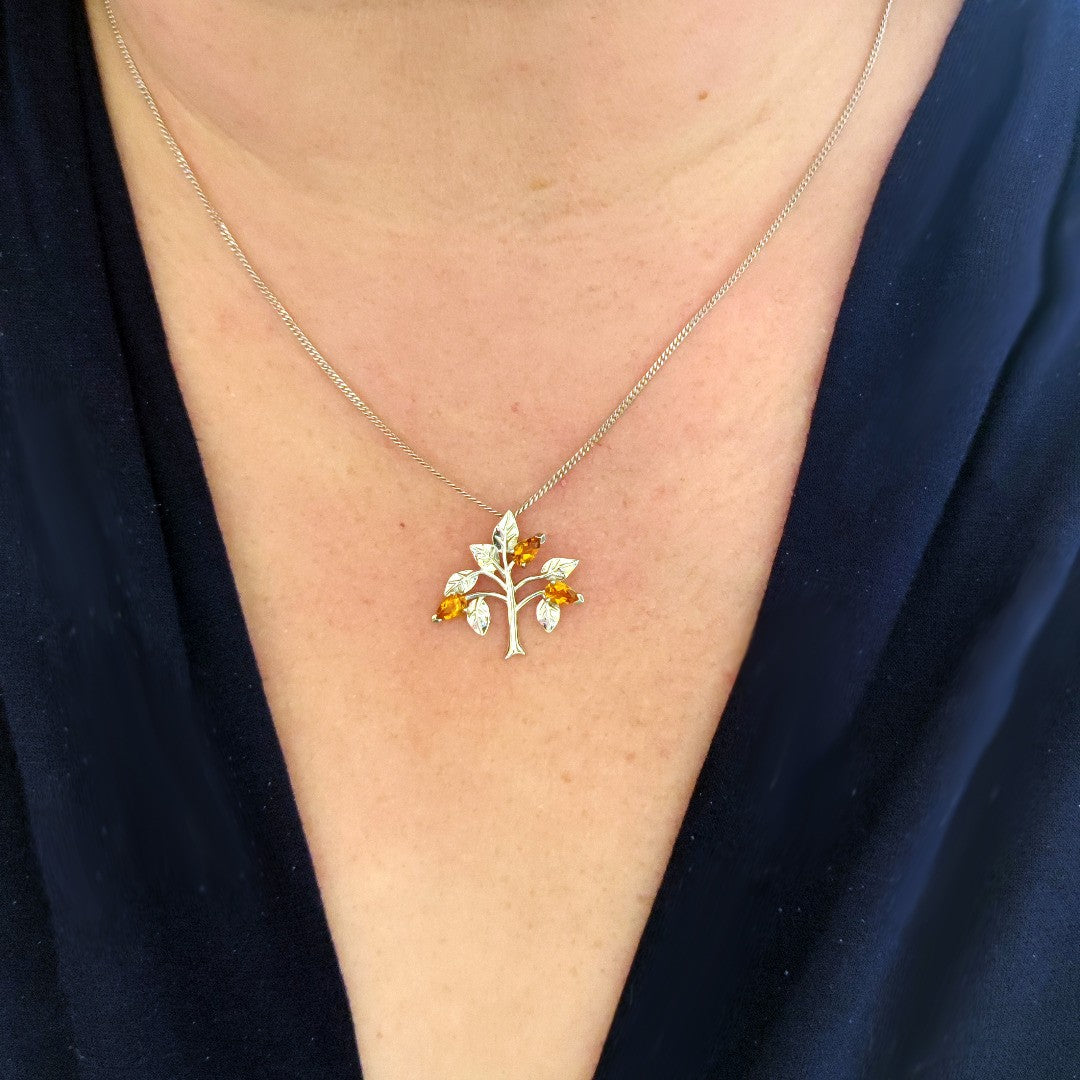 Citrine Necklace Earring Set 1ct Yellow Tree of Life Leaves Silver November Birthstone