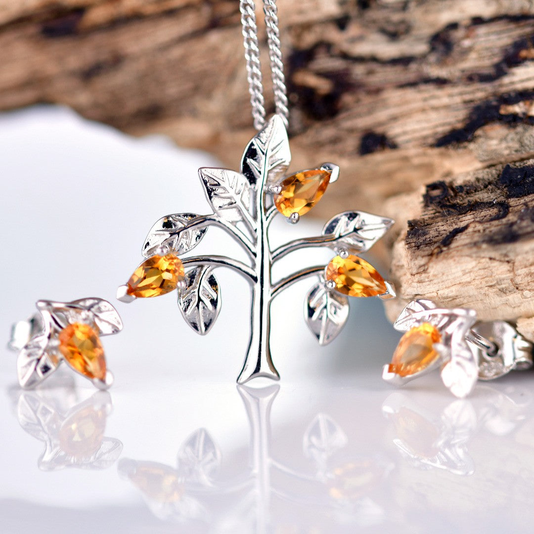 Citrine Necklace Earring Set 1ct Yellow Tree of Life Leaves Silver November Birthstone