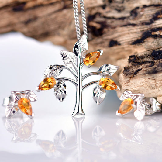 Citrine Necklace Earring Set 1ct Yellow Tree of Life Leaves Silver November Birthstone