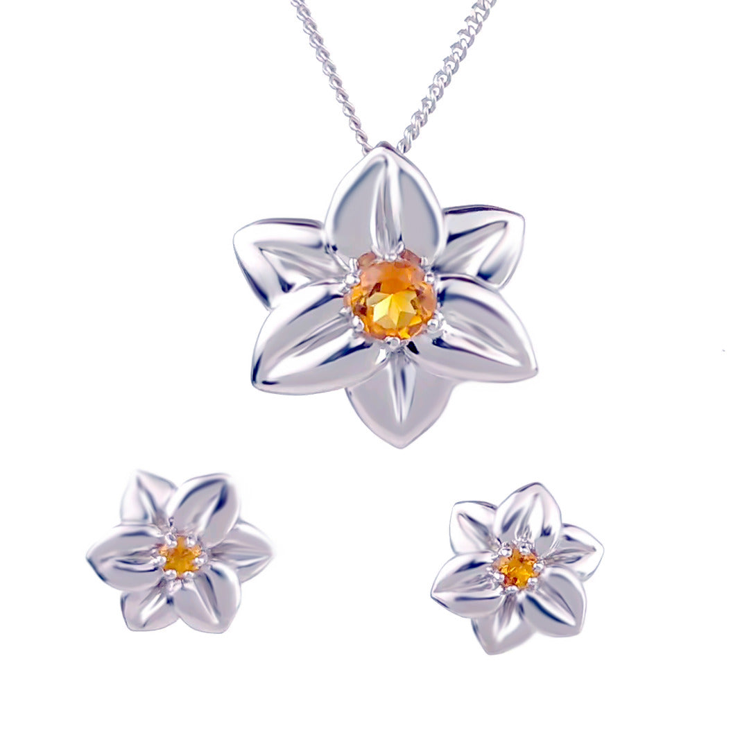 citrine necklace earring set 0.54ct yellow daffodil silver november birthstone designed in the UK