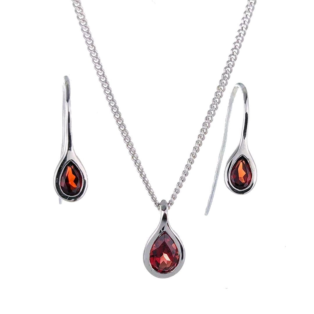 Garnet Necklace Earring Set 0.9ct PearRed Pendant Sterling Silver January Birthstone