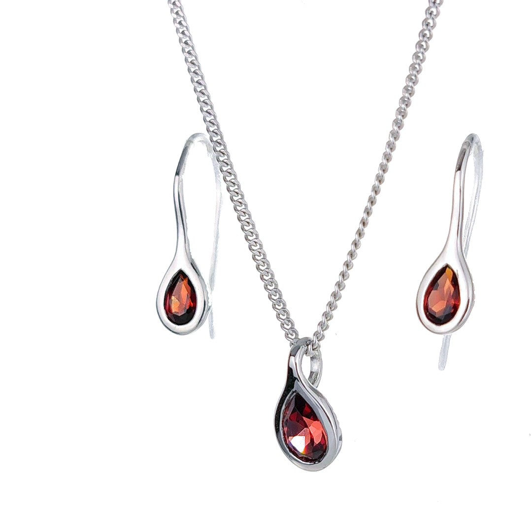 Garnet Necklace Earring Set 0.9ct PearRed Pendant Sterling Silver January Birthstone