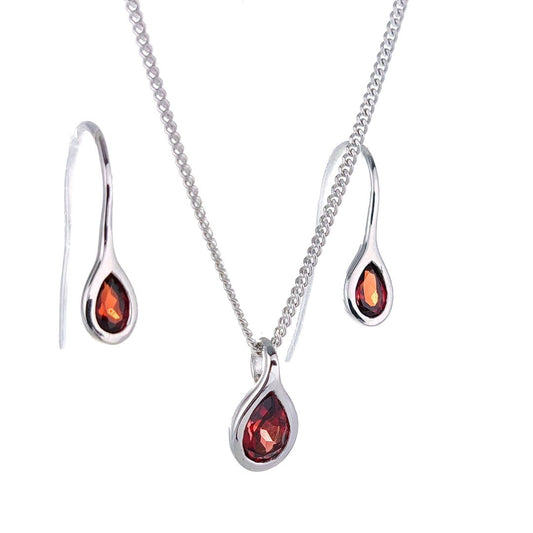 Garnet Necklace Earring Set 0.9ct PearRed Pendant Sterling Silver January Birthstone