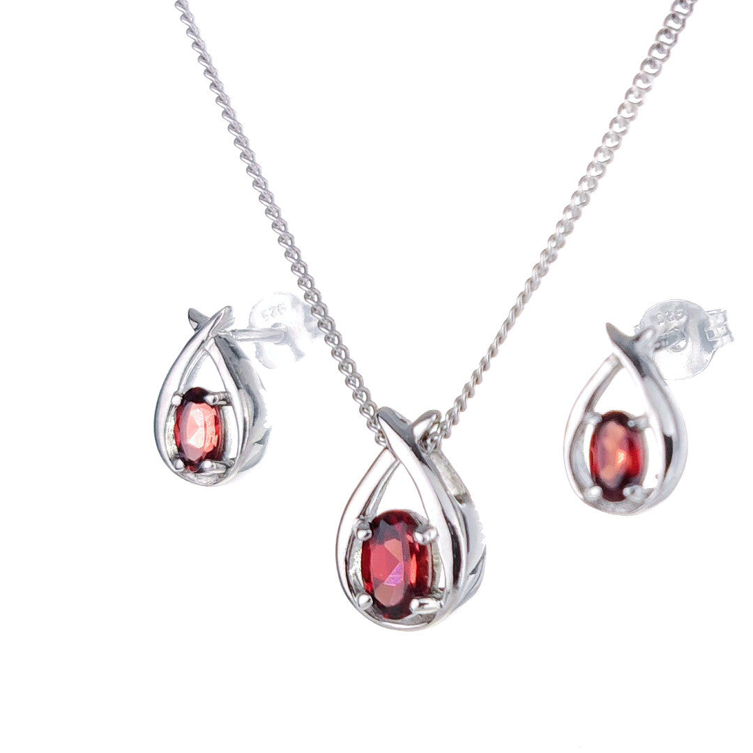 Garnet Necklace Earring Set 0.91ct Pear Red Twist Sterling Silver January Birthstone