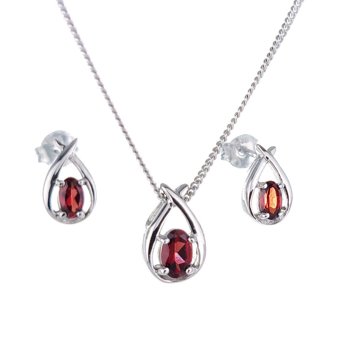 Garnet Necklace Earring Set 0.91ct Pear Red Twist Sterling Silver January Birthstone
