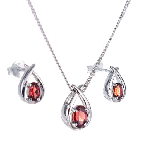 Garnet Necklace Earring Set 0.91ct Pear Red Twist Sterling Silver January Birthstone