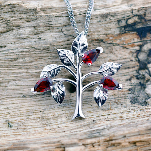 Garnet Necklace 0.75ct Pear Red Tree of Life Pendant Sterling Silver